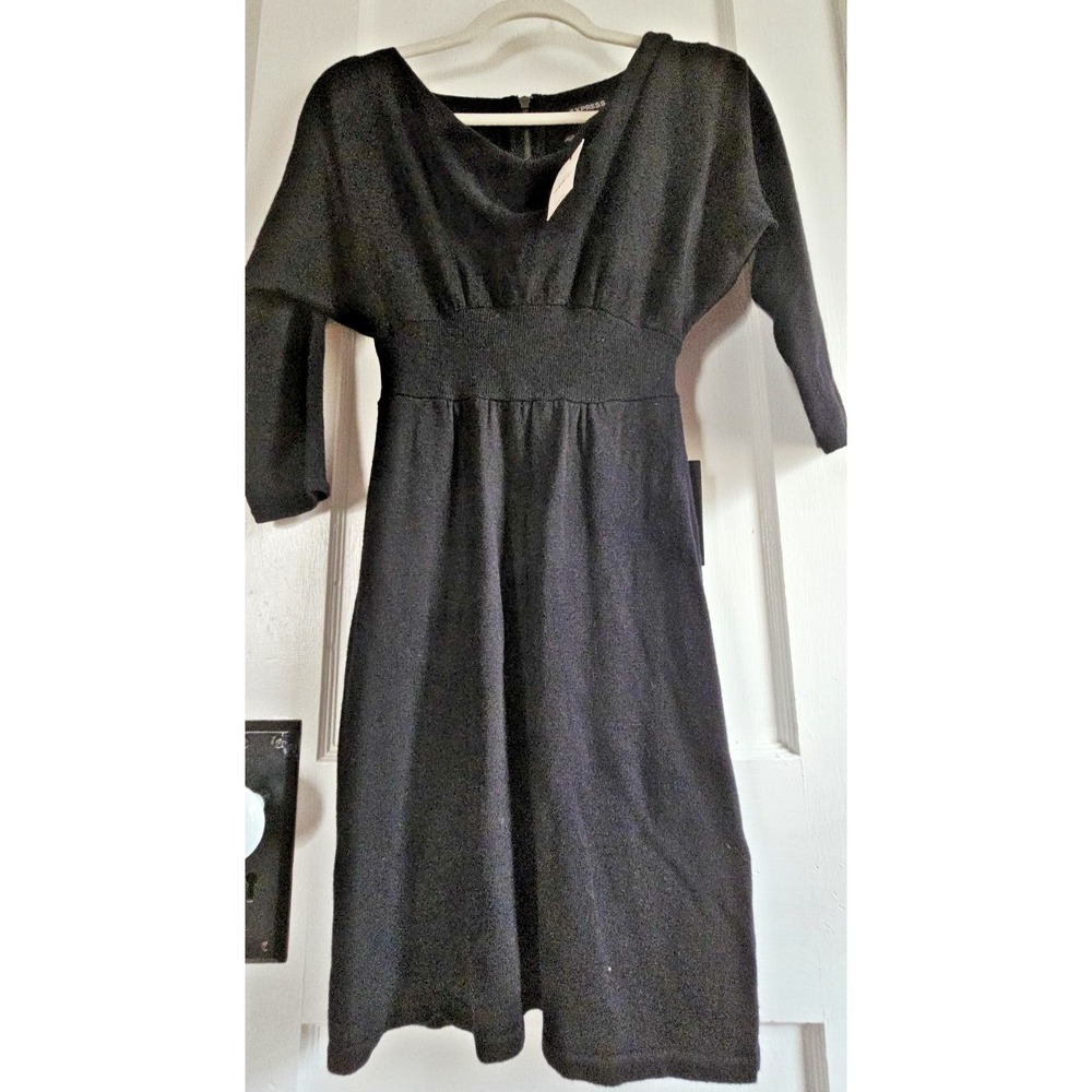 NWT EXPRESS wool Nylon blend sweater dress black zipper back‎ Sz XS 3/4 sleeves